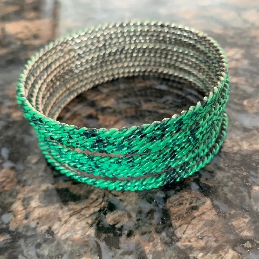 Metal Stacked Bracelets in Green and Black Pattern